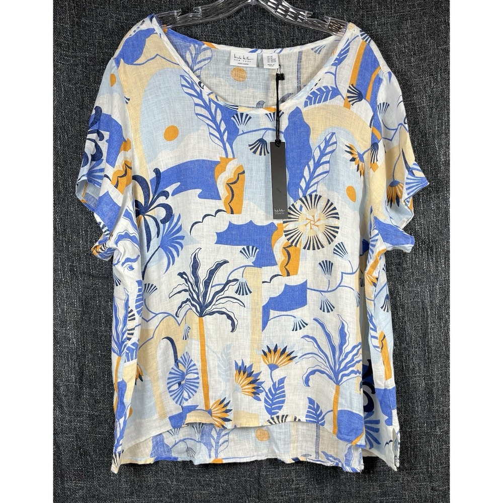 NWT Nicole Miller NY Sz 2X Top 100% Linen Tropical Print Blouse S/S Blue Yellow